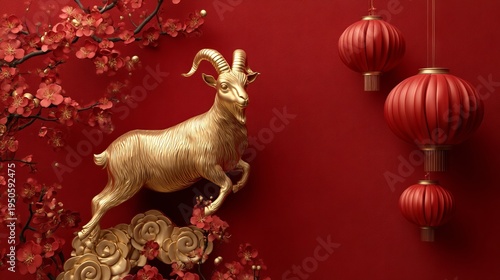 Golden Goat Zodiac Ornament for New Year Celebration on Red Background