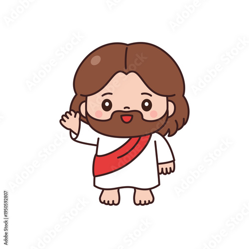Cute kawaii chibi Jesus Christ cartoon character waving without halo on white background