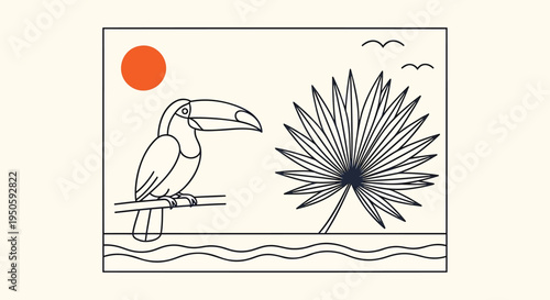 Vector illustration of toucan and flower, tropical design element