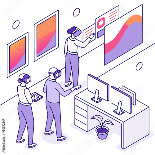 People interact with virtual reality data.