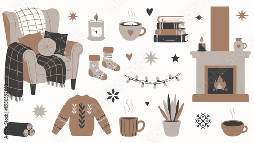 Cozy winter home elements create warm comfort.