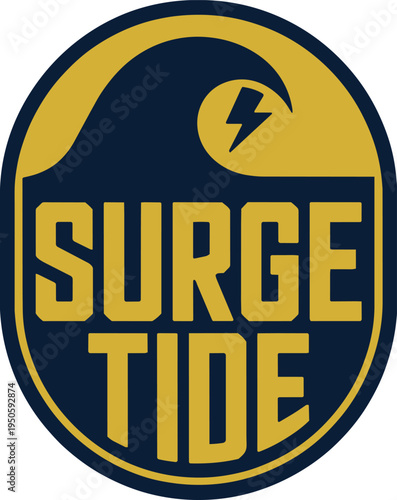 Circular logo design with wave and lightning bolt graphic featuring text Surge Tide