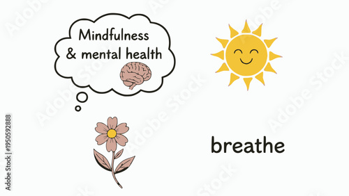 Mindfulness concepts float near smiling sun.
