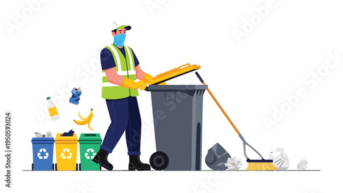 Eco-Conscious Worker: A dedicated sanitation worker, clad in protective gear, efficiently manages waste and promotes environmental care by using recycling bin.