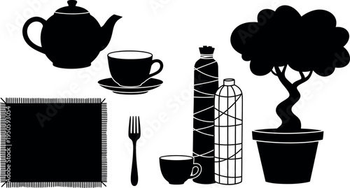 Silhouette of kitchen and office items with a plant