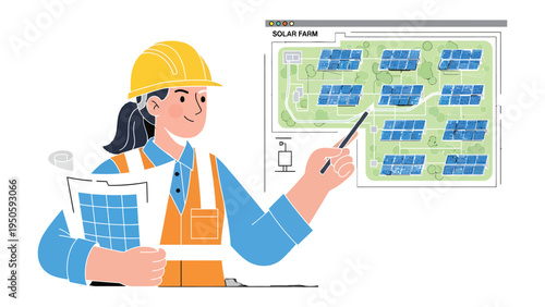 Solar Energy Blueprint: An engineer, standing before a diagram, unveils the intricate design of a solar farm. This image embodies sustainable innovation.