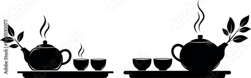 Silhouette of two tea sets with steaming teapots and cups on a white background