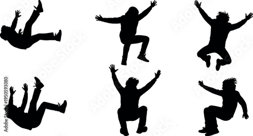 Six black silhouettes of figures jumping and falling in various dynamic poses against a white background silhouette