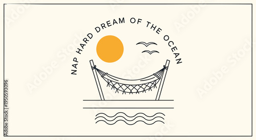 Vector illustration of hammock with sun and birds, dreamy ocean scene