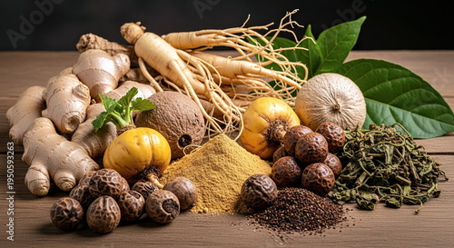 A blend of natural African and Asian aphrodisiac plants, fresh ginger, ginseng root, maca, kola nut, and tribulus terrestris, served on a rustic wooden table.