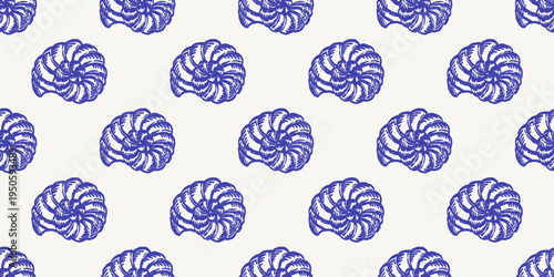 Seamless pattern with blue spiral seashell motifs on a light background. Coastal repeating marine texture for fabric, wrapping paper, wallpaper, stationery, textile prints, and surface decor.
