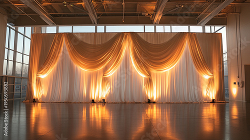 Wallpaper Mural Luxurious event stage with golden satin drapes and warm lighting in modern industrial hall with large windows Torontodigital.ca