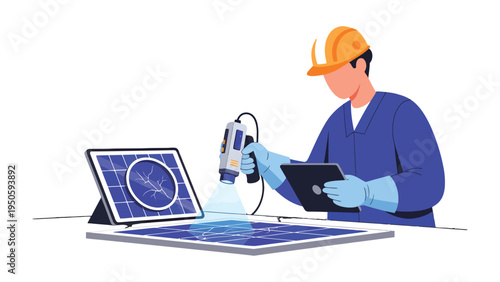 Solar Panel Inspection: A technician meticulously examines a solar panel using advanced equipment, highlighting a focus on sustainable energy, inspection, and the pivotal role of quality control.