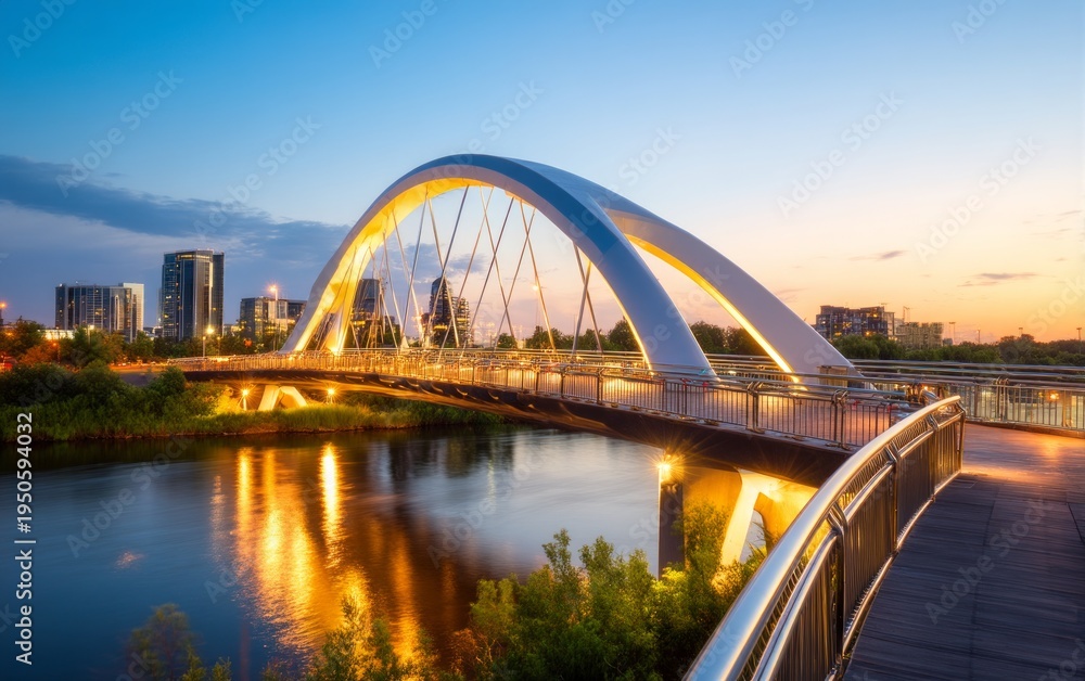 Obraz premium Illuminated Bridge at Dusk with Calm Reflections in City Nightscape
