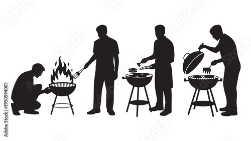 Men grilling barbecue silhouettes in a dynamic black and white vector illustration for outdoor cooking and summer events.