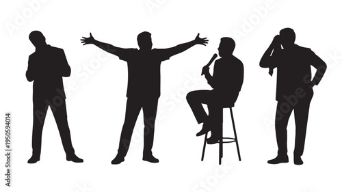 Male Performers Silhouettes in Dynamic Expressive Poses with Black and White Graphic Style on a Clean Background for Entertainment Events.