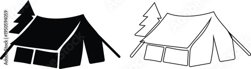 Camping tent icons set outdoor adventure shelter symbols with camp tents, mountain and forest travel elements for hiking tourism nature trip vector illustration design collection group