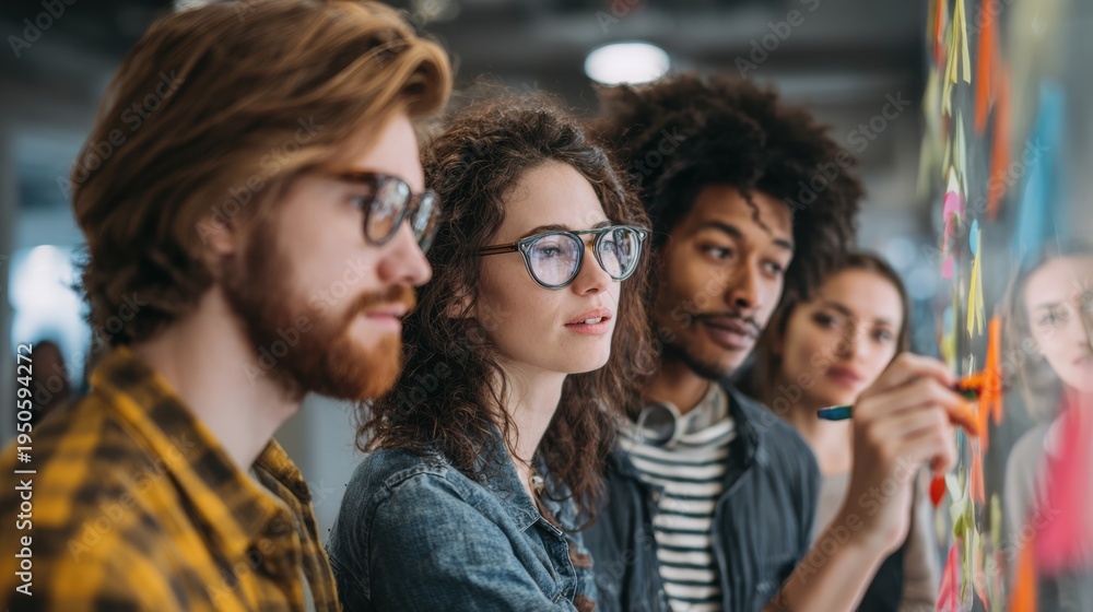 Fototapeta premium Diverse team collaborates on strategy using sticky notes