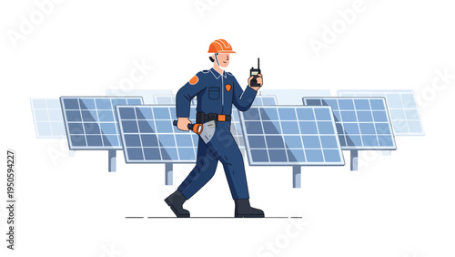 Solar Panel Technician: A skilled technician, equipped with necessary tools, strides confidently past rows of solar panels. He is actively involved in sustainable energy and clean power.