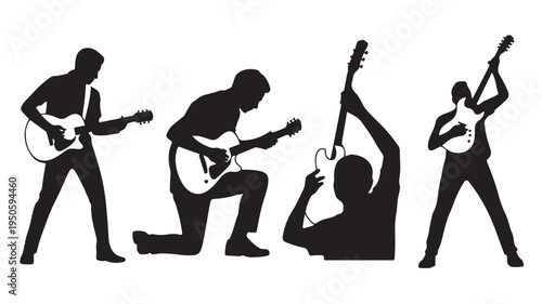 Guitarists Silhouettes Playing Electric Guitars Isolated on White Vector