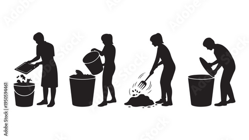 Composting Organic Waste Steps by People Silhouettes Vector Illustration