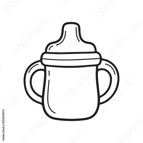 Baby sippy cup. Hand drawn doodle. Spill-proof mug with handles for baby drinking. Childhood. Vector line art illustration.
