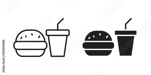 Hamburger soda icon concept. Glyph and line vector illustrations on white background
