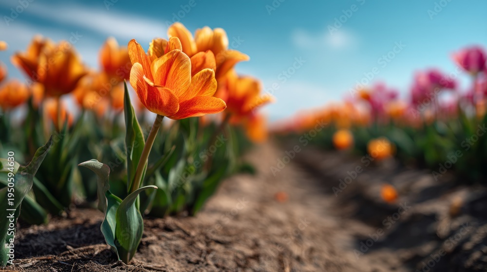 Obraz premium Swaying Orange Tulips in a Field Gently Moving with the Wind Under Blue Sky