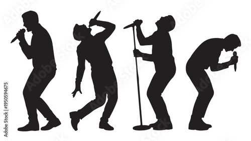 Male Singers Silhouettes Performing with Microphones Isolated on White