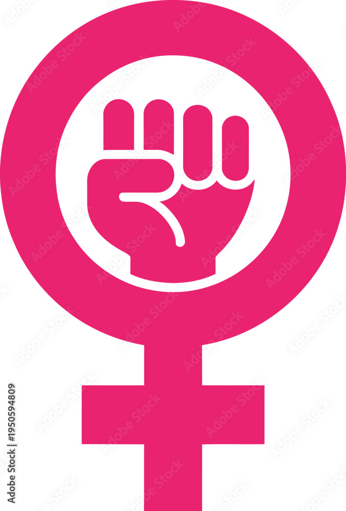 Fototapeta premium A vibrant pink female gender symbol with a powerful white clenched fist representing women's rights, feminism, and empowerment.