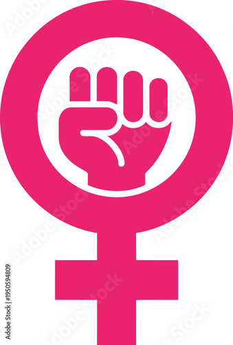 A vibrant pink female gender symbol with a powerful white clenched fist representing women's rights, feminism, and empowerment.