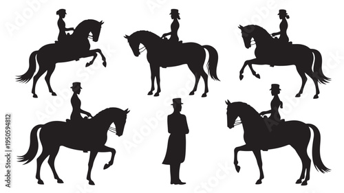 Equestrian Silhouettes Set with Horse Riders and Gentleman Isolated on White Vector