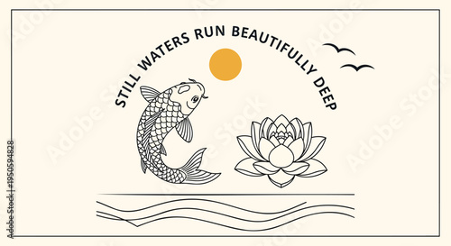 Vector illustration of koi fish, lotus flower and inspirational quote