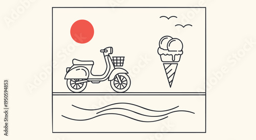 Vector illustration of scooter, ice cream and sun