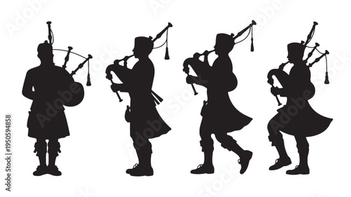 Bagpipers Silhouettes Playing Traditional Scottish Music Isolated on White Vector
