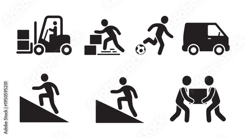 Workplace Logistics and Sport Activity Icons Isolated on White Background