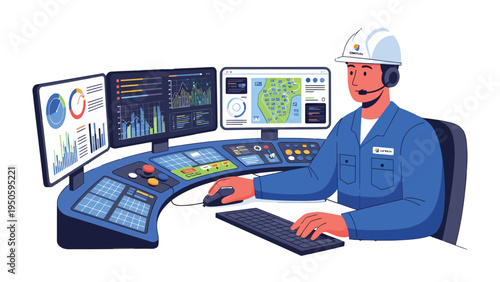 Tech-Savvy Operator: A skilled professional monitors complex data displays at a control center, immersed in their specialized environment and focusing on vital technological operations.