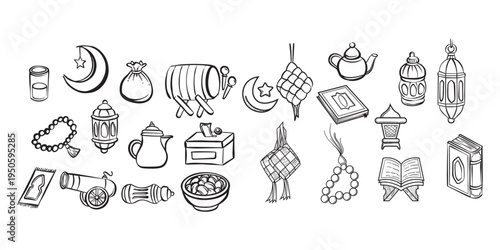 Ramadan and Eid Mubarak doodle icons set with lanterns, Quran, tasbih, crescent moon, ketupat and iftar elements