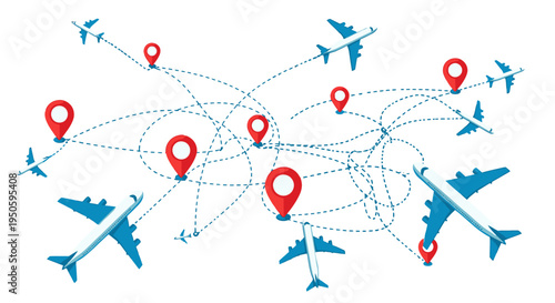 Airplanes flying across a global network of travel routes connecting multiple destination pins, illustrating international logistics and journey planning.
