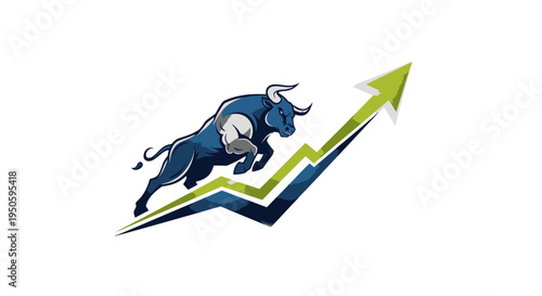 Dynamic blue bull charging upwards on a green and blue financial graph with an ascending arrow, symbolizing market growth and bullish trends.