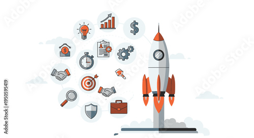 Business Success Concept with Rocket and Strategy Icons on Isolated White Background