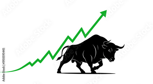 Black bull standing in front of a green upward-trending stock market arrow on a white background, symbolizing economic growth and a bullish market trend.