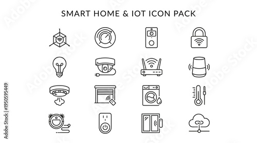 Collection of sixteen essential thin line icons representing various smart home and internet of things technologies