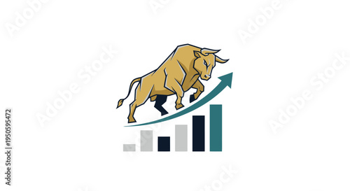 A golden bull stands atop a rising bar chart with an upward arrow, symbolizing a bullish market and financial growth.