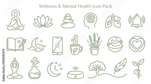 A comprehensive icon pack featuring various line art symbols representing wellness, mental health, and mindful living concepts.