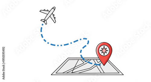 Airplane flying along a dashed path towards a map with a red location pin, symbolizing travel and destination.