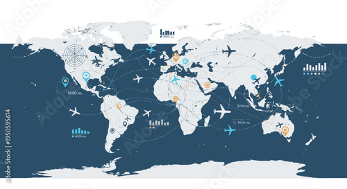 A detailed infographic of a world map illustrating global travel, logistics, and interconnected networks with airplane icons, location markers, and data visualizations.