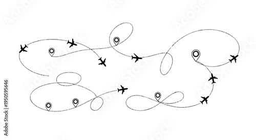 Multiple airplanes flying along complex, winding flight paths with destination markers, illustrating global air travel routes and aviation networks.
