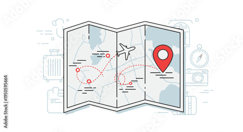 A folded map showing a travel route with an airplane icon and location pins, surrounded by faint travel-related outlines.