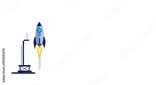 A blue rocket launching from a dark blue launchpad with bright orange and yellow flames, set against a clean white background.